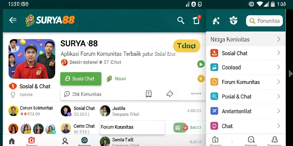 Antarmuka aplikasi SURYA88 menampilkan fitur Forum Komunitas yang menarik.