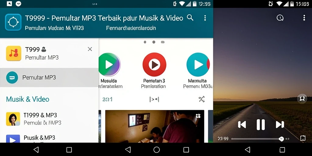 Screenshot antarmuka utama T9999 menunjukkan fitur Pemutar MP3 yang user-friendly.